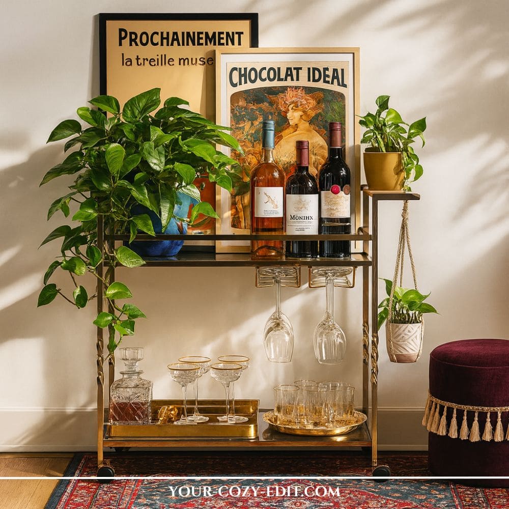 brass mid-century modern bar cart styled with wine bottles, crystal glassware, plants, framed vintage French posters, and a deep red velvet ottoman on a Persian rug