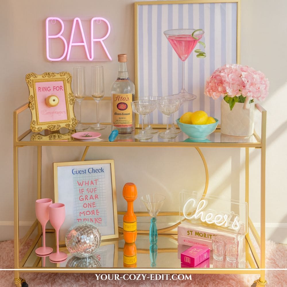 Small Home Bar Ideas: gold bar cart styled in dopamine decor aesthetic with pink neon bar signs, framed martini art, disco ball, pastel champagne flutes, and pink flowers