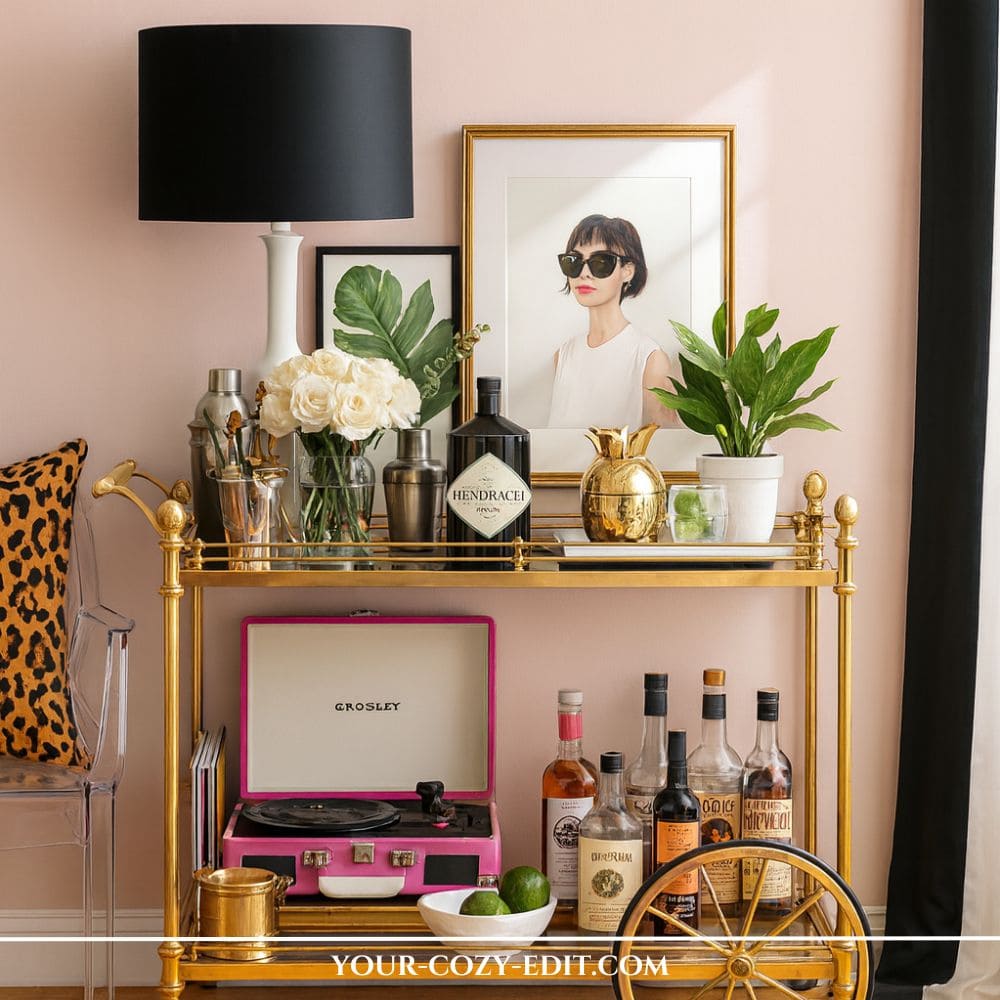 brass bar cart with large wheels styled with a pink Crosley record player, a large white table lamp with a black shade, framed portrait of a woman with sunglasses, Hendrick's gin, a gold pineapple ice bucket, and a leopard print pillow on a clear acrylic chair