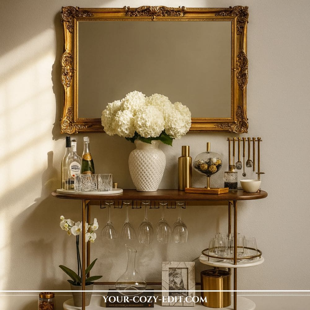 traditional dark wood bar cart styled with a large white hydrangea arrangement in a ceramic vase, brass bar tool set, hanging wine glasses, and a potted white orchid, placed below a large ornate gilded gold antique wall mirror