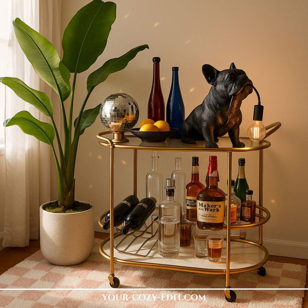 brass oval bar cart styled with a black French Bulldog statement lamp holding an Edison lightbulb, a small disco ball, bottles of bourbon, a large potted banana leaf plant, and a pink checkered plush rug