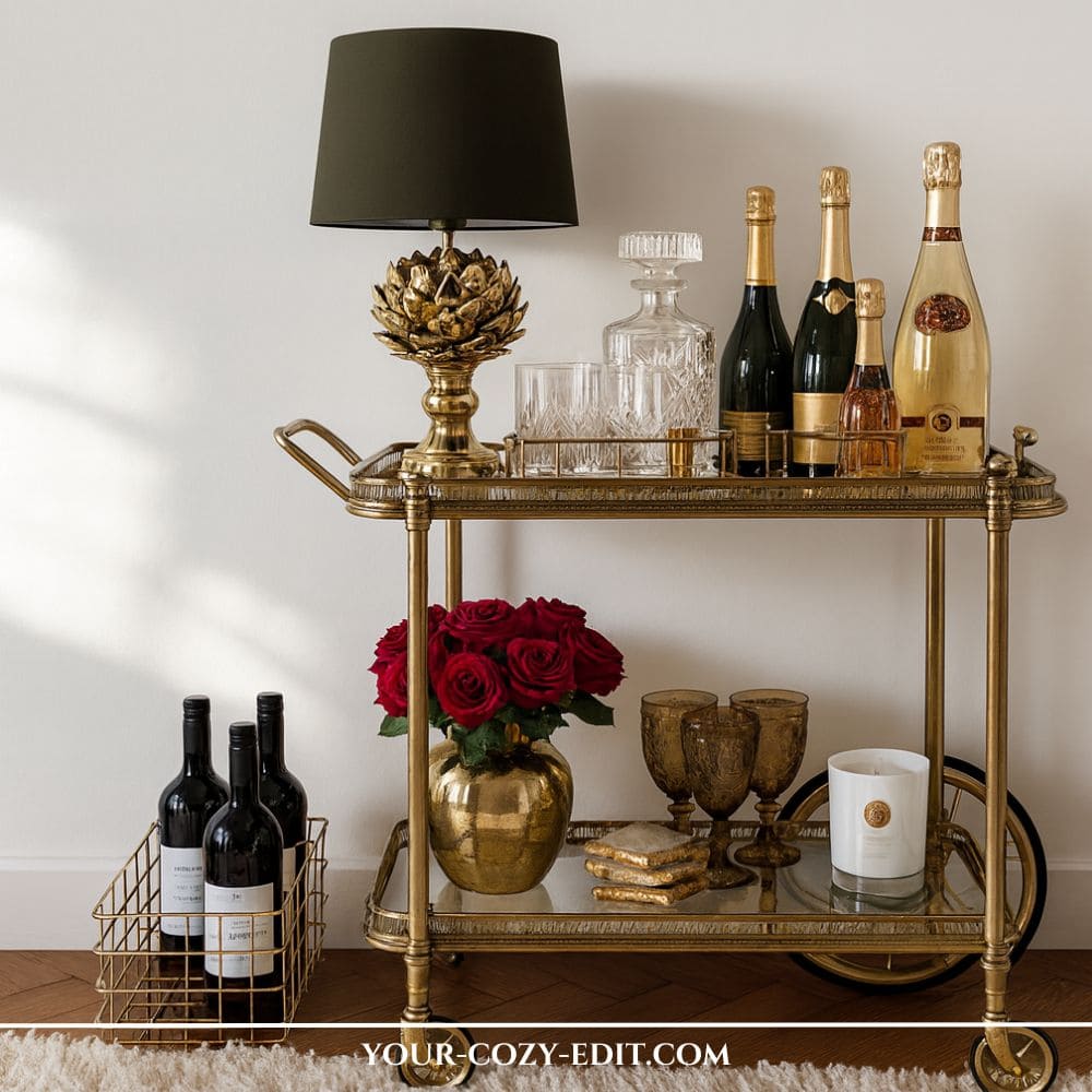 luxurious antique gold bar cart styled with champagne bottles, crystal decanter, a gold artichoke lamp with black shade, red roses in a brass vase, amber glasses, and a scented candle