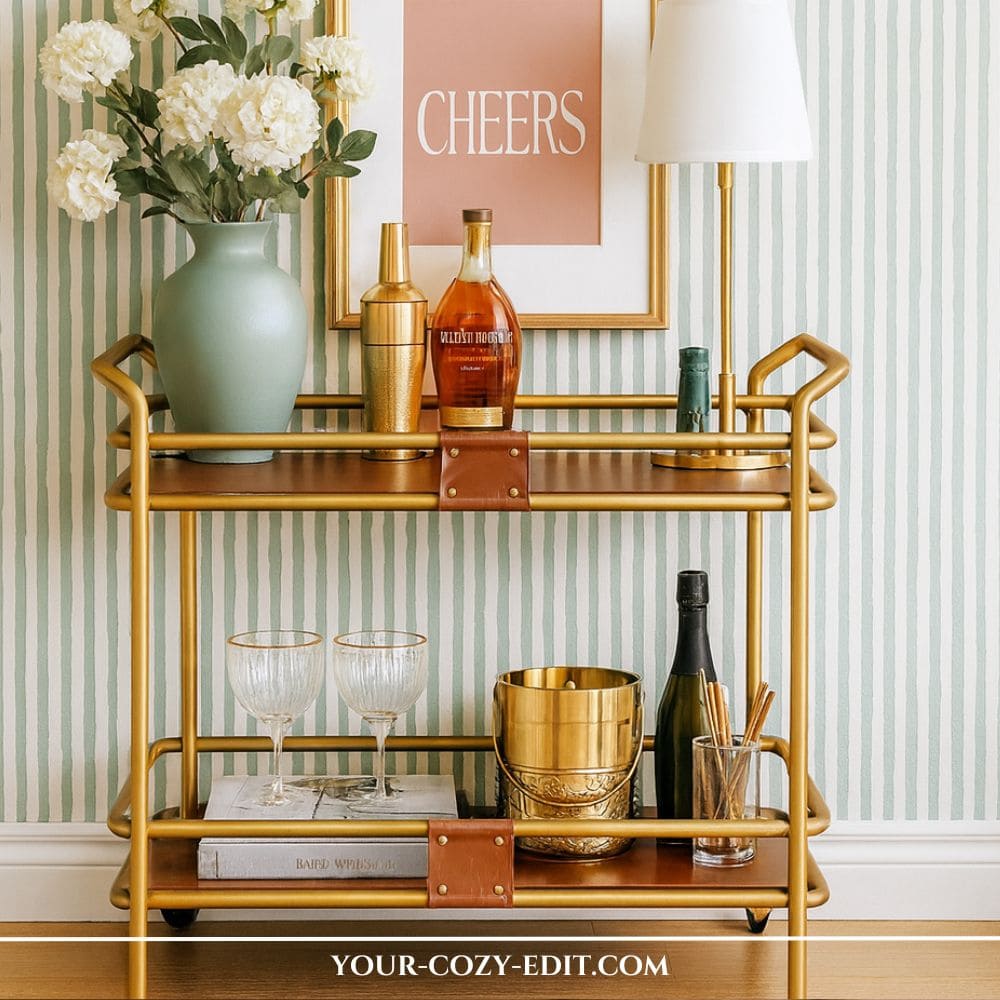 brass and leather bar cart with brown shelves, styled with a small table lamp, a large mint green vase with white hydrangeas, gold ice bucket, and a framed pink CHEERS print against sage green striped wallpaper