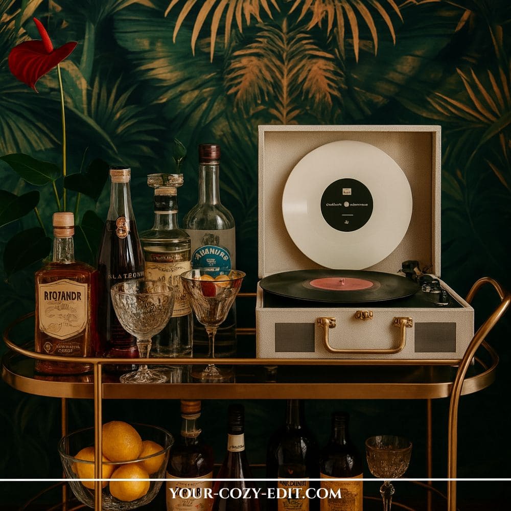 brass bar cart styled with a cream vintage record player playing a vinyl record, liquor bottles, crystal glasses, set against a moody dark green tropical botanical wallpaper