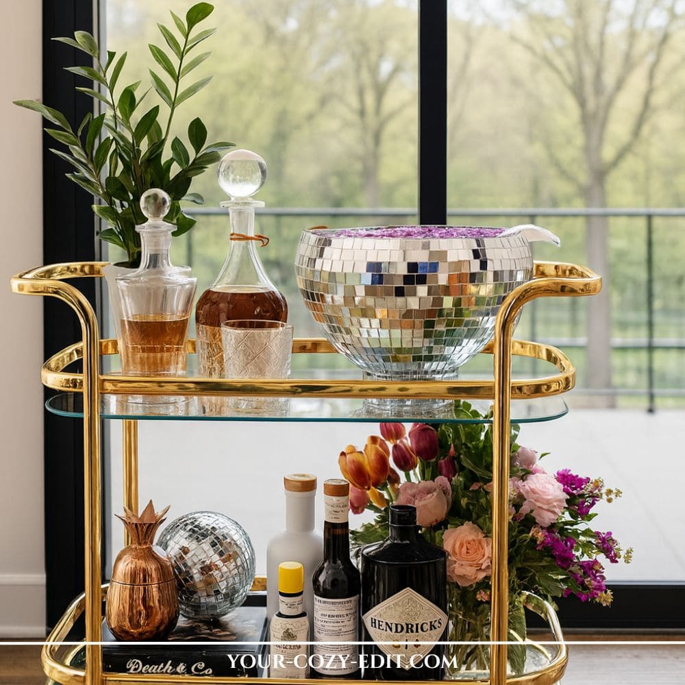 gold brass oval bar cart styled with a large disco ball ice bucket filled with ice, glass decanters, a bouquet of colorful roses and tulips, Hendrick's gin, and a Death and Co cocktail book on the bottom shelf