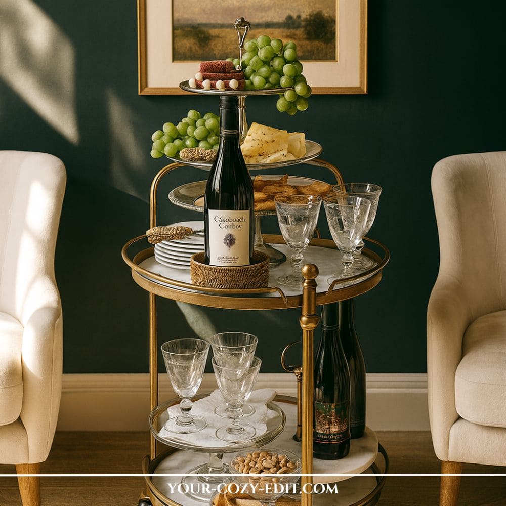 round brass bar cart styled as a wine bar with a bottle of wine, crystal glasses, and a tiered glass serving stand with green grapes and cheese, placed between two cream armchairs