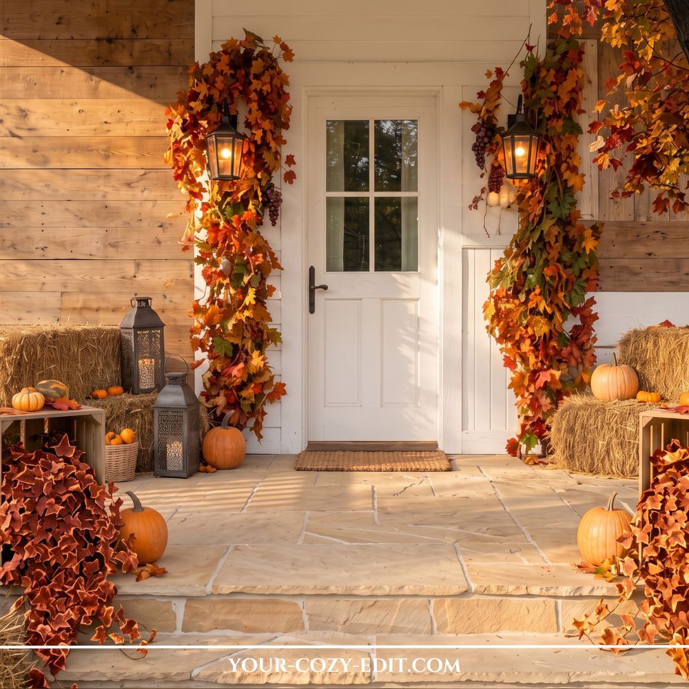 A rustic fall farmhouse porch with a white front door framed by vibrant autumn leaf garlands, glowing wall lanterns, stacked hay bales, wooden crates with trailing ivy, and pumpkins on stone steps.