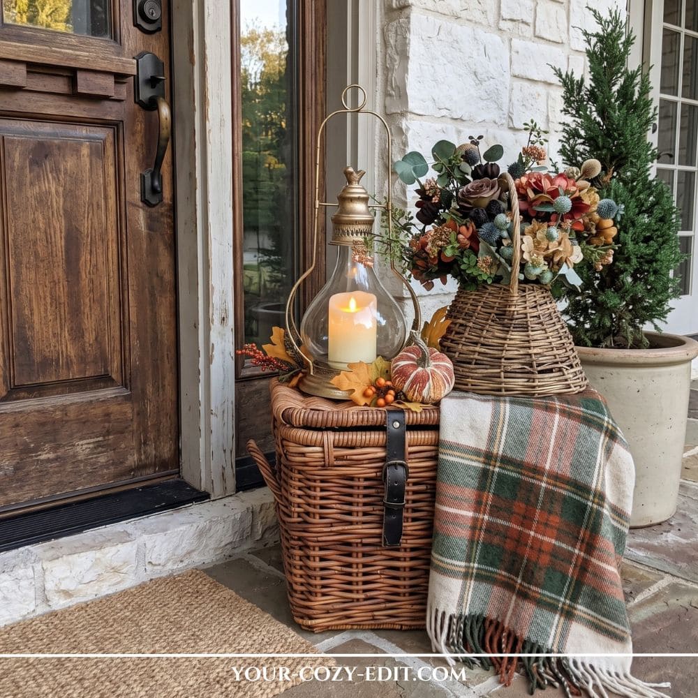 A cozy vintage fall front porch idea featuring a wicker picnic trunk topped with a plaid throw blanket, an antique brass candle lantern, a small pumpkin, and an autumn floral basket by a rustic wood door.