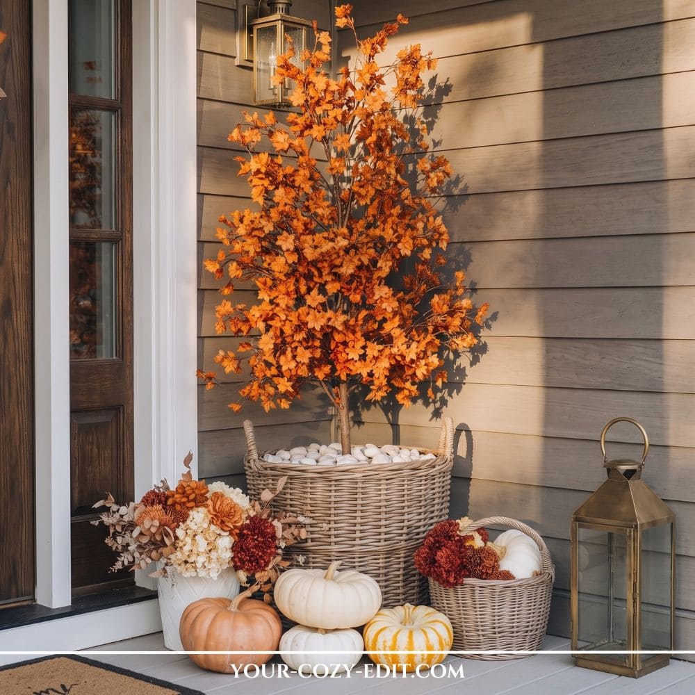 A cozy fall front porch featuring a vibrant orange potted maple tree in a woven basket topped with white pebbles, styled with pumpkins, dried floral arrangements, and a brass lantern.
