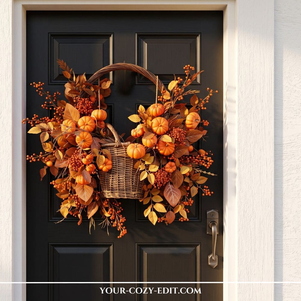 A flat-back woven wicker basket hanging on a black front door, overflowing with mini orange pumpkins, golden autumn leaves, and berry sprigs as a creative fall wreath alternative.