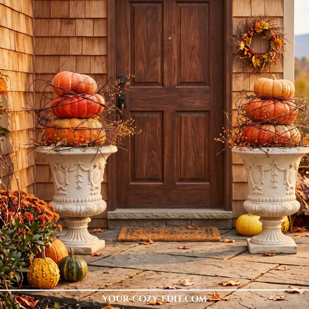 Symmetrical fall front porch entryway featuring stacked heirloom pumpkin topiaries in white vintage stone urns with grapevine accents framing a wood front door.