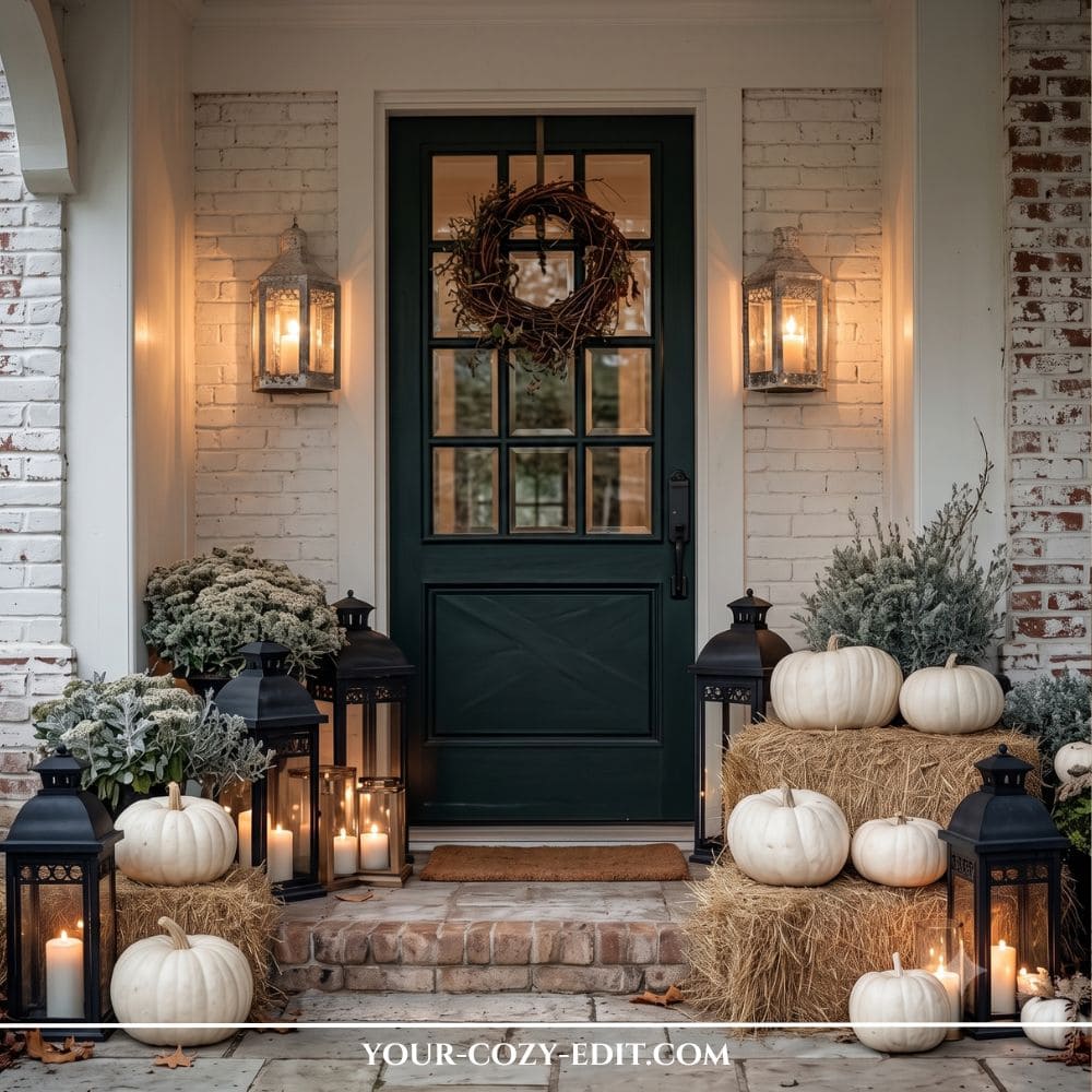 A romantic fall front porch with a dark green door, styled with stacked straw bales, white pumpkins, dusty greenery, and glowing black candle lanterns on brick steps.