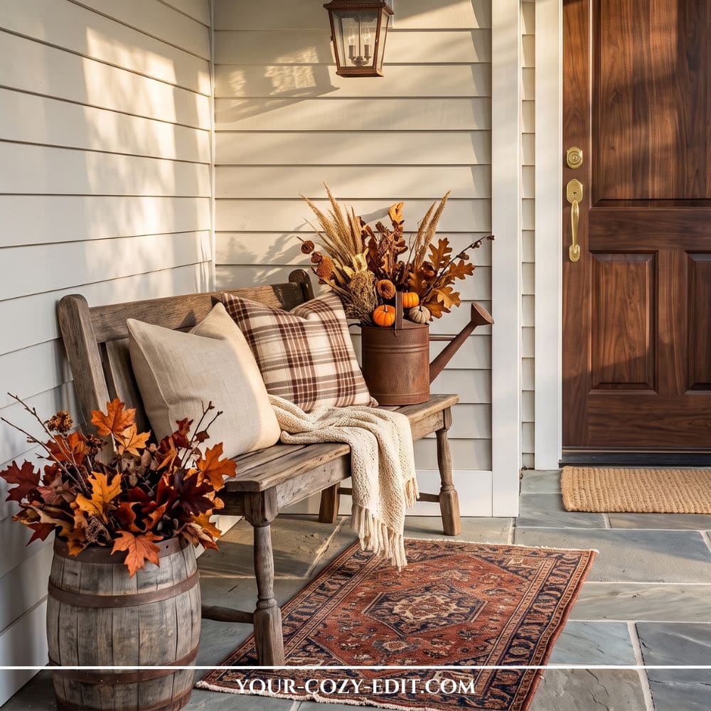A cozy cottagecore fall porch featuring a rustic wooden bench with plaid pillows, a fringed throw, a rusted watering can floral arrangement, a wooden barrel with autumn leaves, and a vintage runner rug.