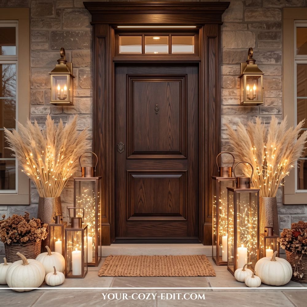 A luxurious fall front porch with a dark wood door, illuminated by fairy lights woven into tall pampas grass vases, glowing tall brass lanterns, and white pumpkins on stone steps.
