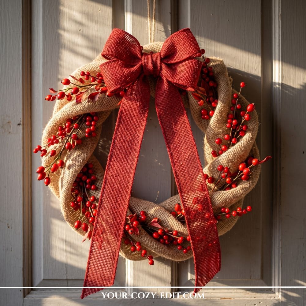 A handmade fall wreath made of twisted natural burlap ribbon, adorned with bright red rose hips and topped with a large red burlap bow, hanging on a rustic wooden door.