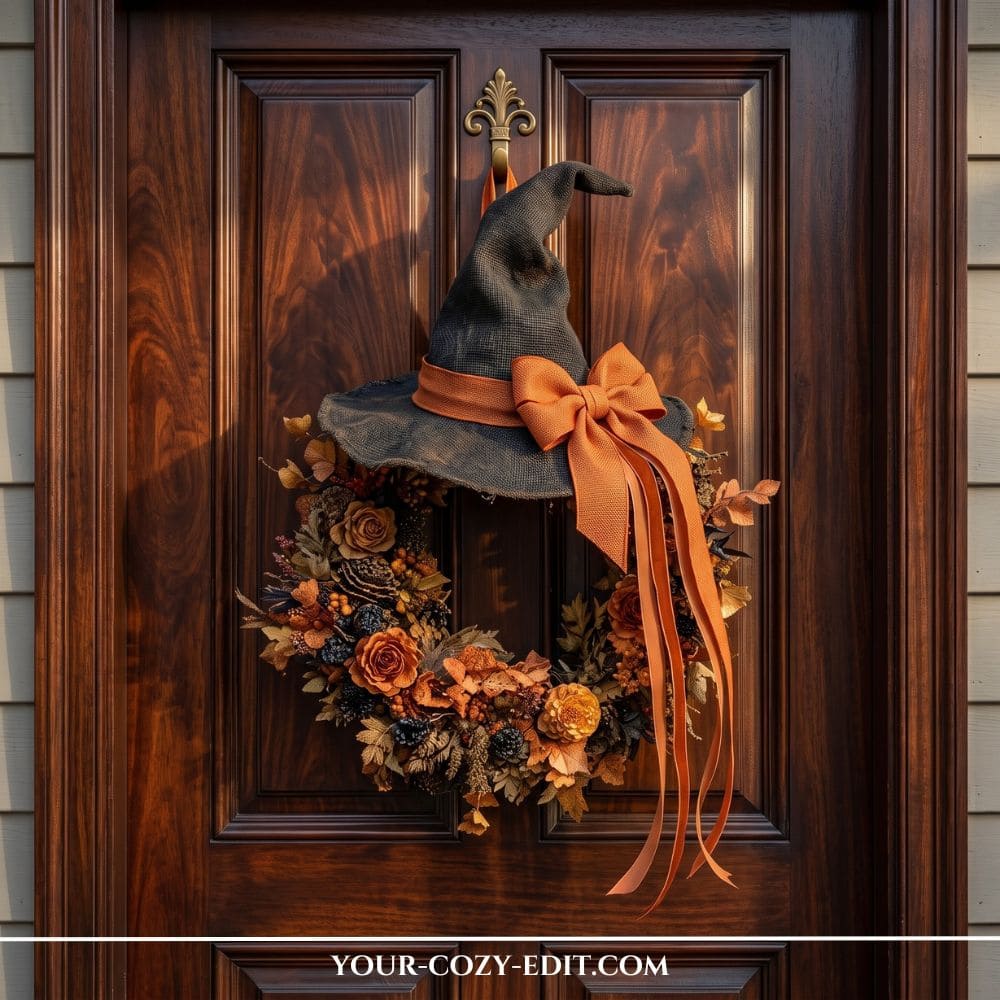 A detailed fall and Halloween wreath hanging on a dark wood front door, featuring dried orange roses, pine cones, a black textured witch’s hat, and a large orange bow with long cascading ribbons.
