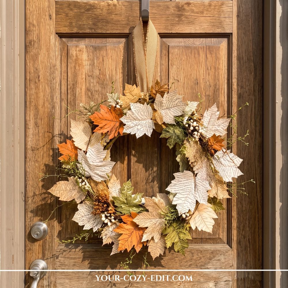 A handmade fall wreath on a wood front door, crafted with maple leaves cut from vintage book pages, orange autumn foliage, white berries, and hung by a burlap ribbon.