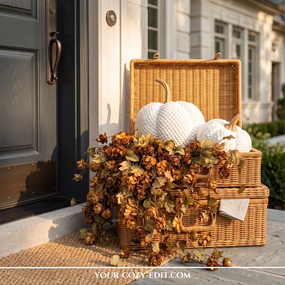Stacked wicker picnic baskets on a front porch next to a dark door, styled with white pumpkins, overflowing dried hops, and a linen napkin for cozy fall entryway decor.