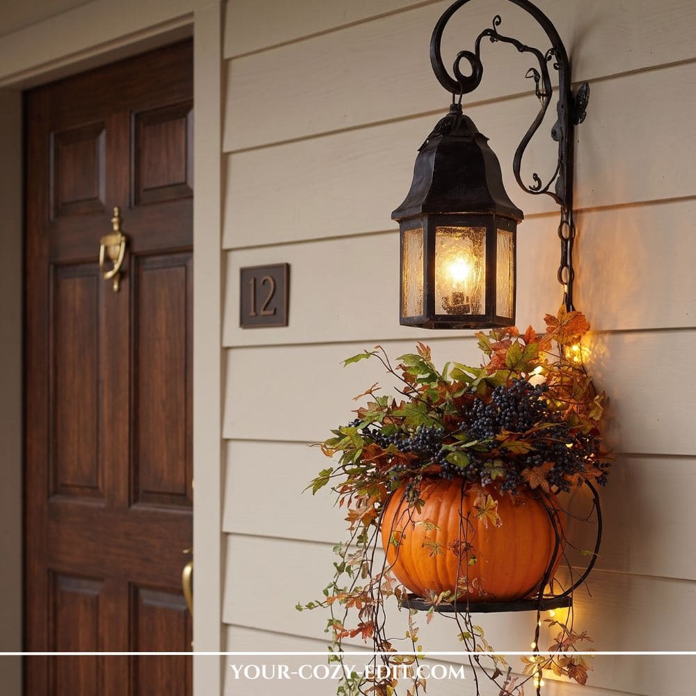 A glowing vintage black wall lantern illuminating a hollowed orange pumpkin planter filled with fall leaves, berries, and trailing vines next to a front door.
