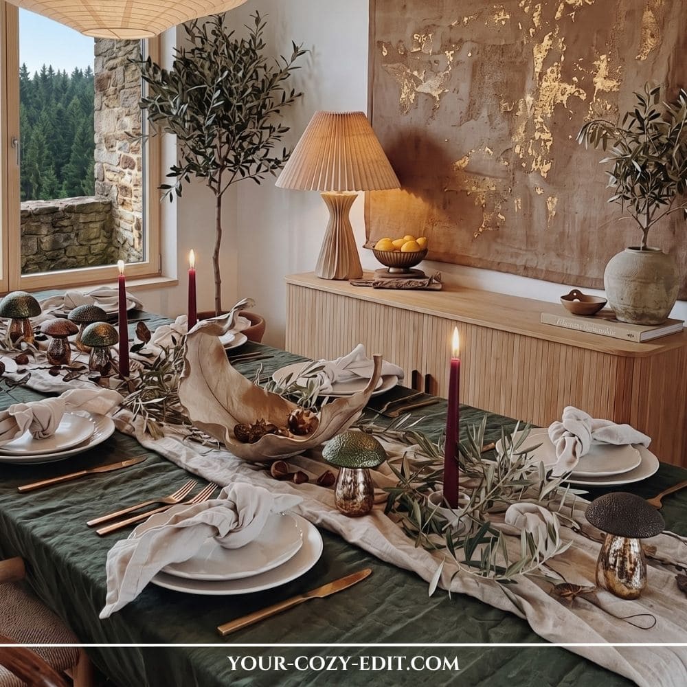 Japandi-inspired natural fall tablescape featuring a forest green linen tablecloth, draped beige runner, sculptural leaf centerpiece, and ruby red taper candles.