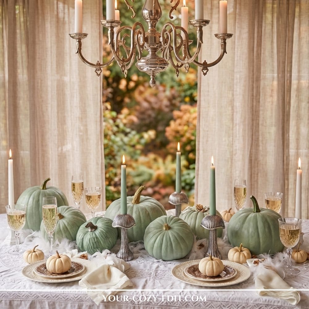 Elegant natural fall tablescape styled with sage green pumpkins, miniature white pumpkins, antique silver mushroom candleholders, and crystal champagne flutes.