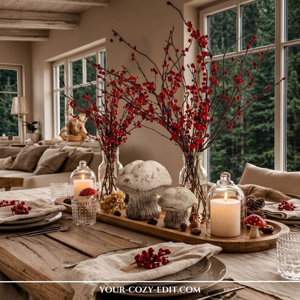 A rustic and natural fall tablescape centerpiece arranged inside a long wooden dough bowl on a natural wood dining table. The display features two clear glass vases with tall red berry branches, two distressed whitewashed wooden mushrooms, glowing pillar candles under glass cloches, mini toadstools, pinecones, and chestnuts, with cozy cottage windows in the background.