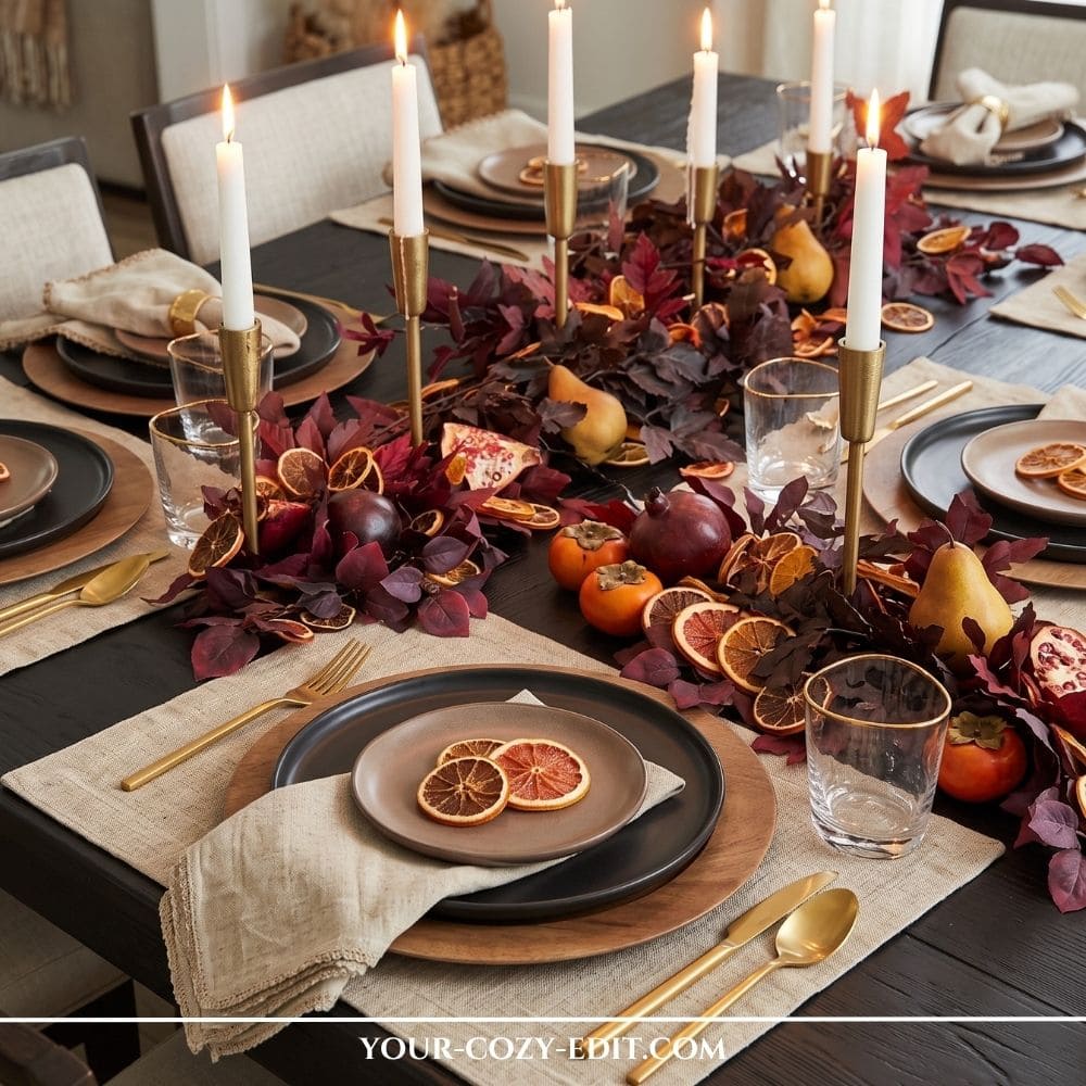 A moody burgundy natural fall tablescape on a dark wood dining table featuring a lush garland of deep red leaves, whole and sliced pomegranates, persimmons, pears, and dried orange slices. Tall brushed gold candle holders with lit white taper candles run down the center, surrounded by place settings with linen placemats, wooden chargers, black ceramic plates, gold flatware, and gold-rimmed glasses.