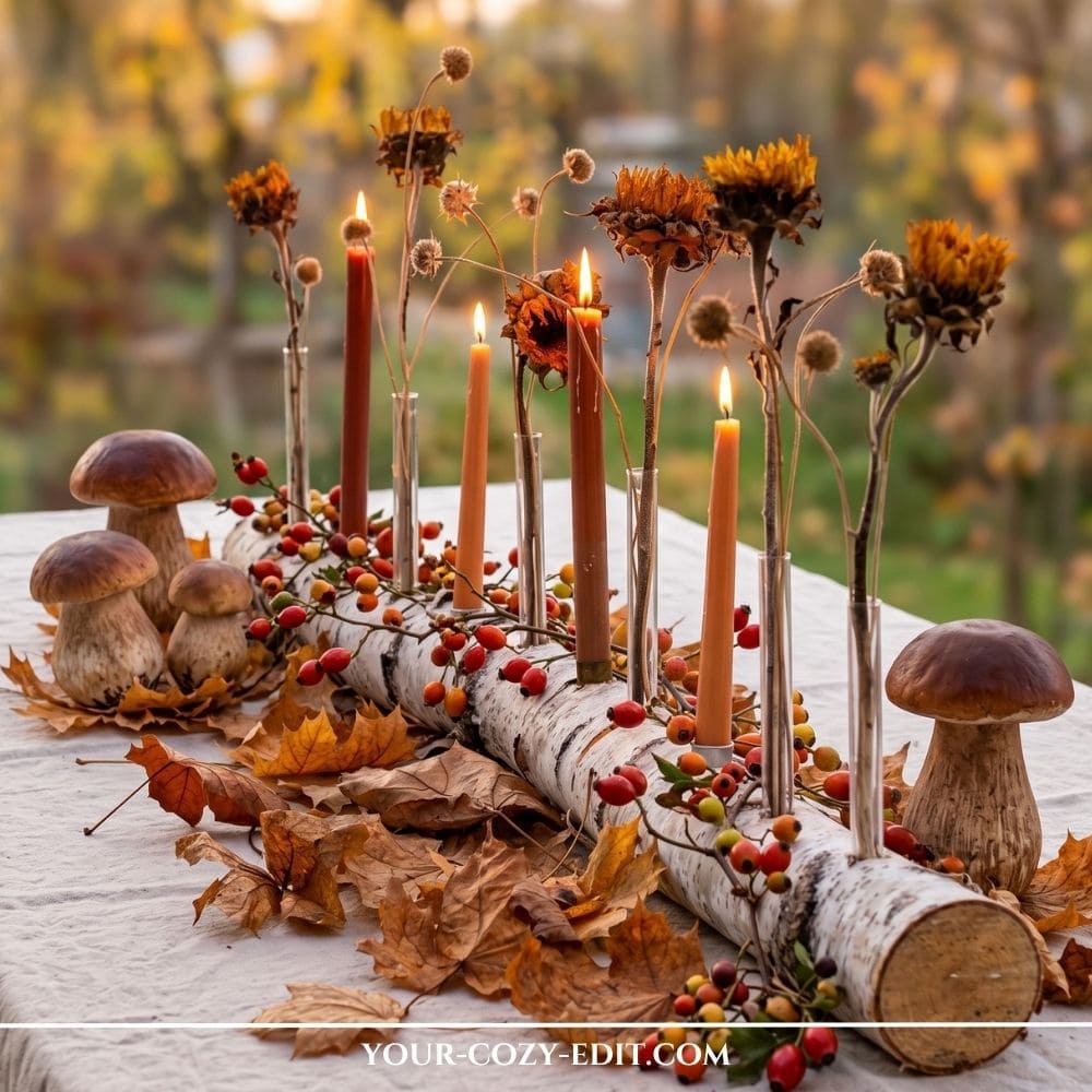 Rustic DIY birch log natural fall tablescape with dried sunflowers in test tube vases, terracotta taper candles, red rosehips, and decorative mushrooms.