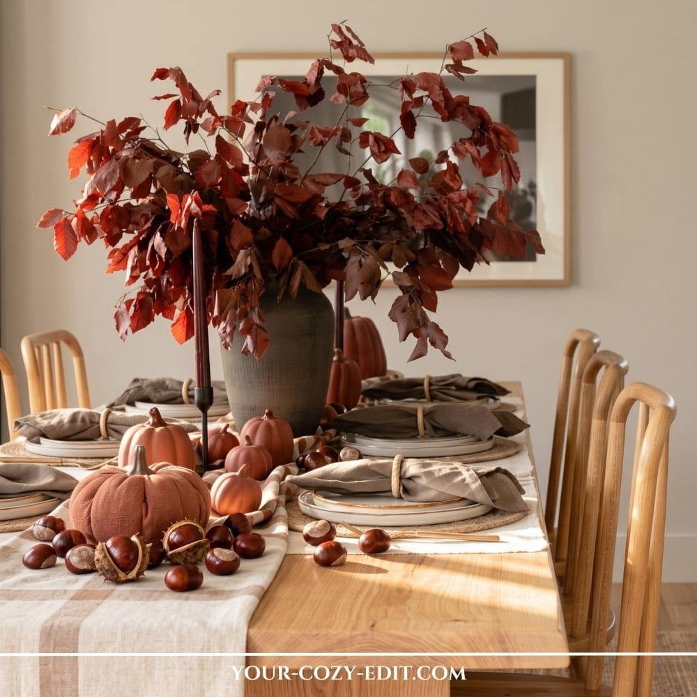 A detailed close-up shot of a sophisticated fall tablescape set on a light wood dining table. The central focus is a large dark grey stone vase filled with tall, deep burgundy and rust-colored dried beech branches. The table is dressed with a cream and beige plaid runner. Scattered along the runner are various sizes of terracotta and rust-colored ceramic pumpkins, and smooth brown chestnuts. Each place setting features layered light grey and cream ceramic plates, a jute placemat, and an olive-brown linen napkin. The background shows light oak dining chairs, a framed monochrome landscape print on a light beige wall, and natural daylight from a window.