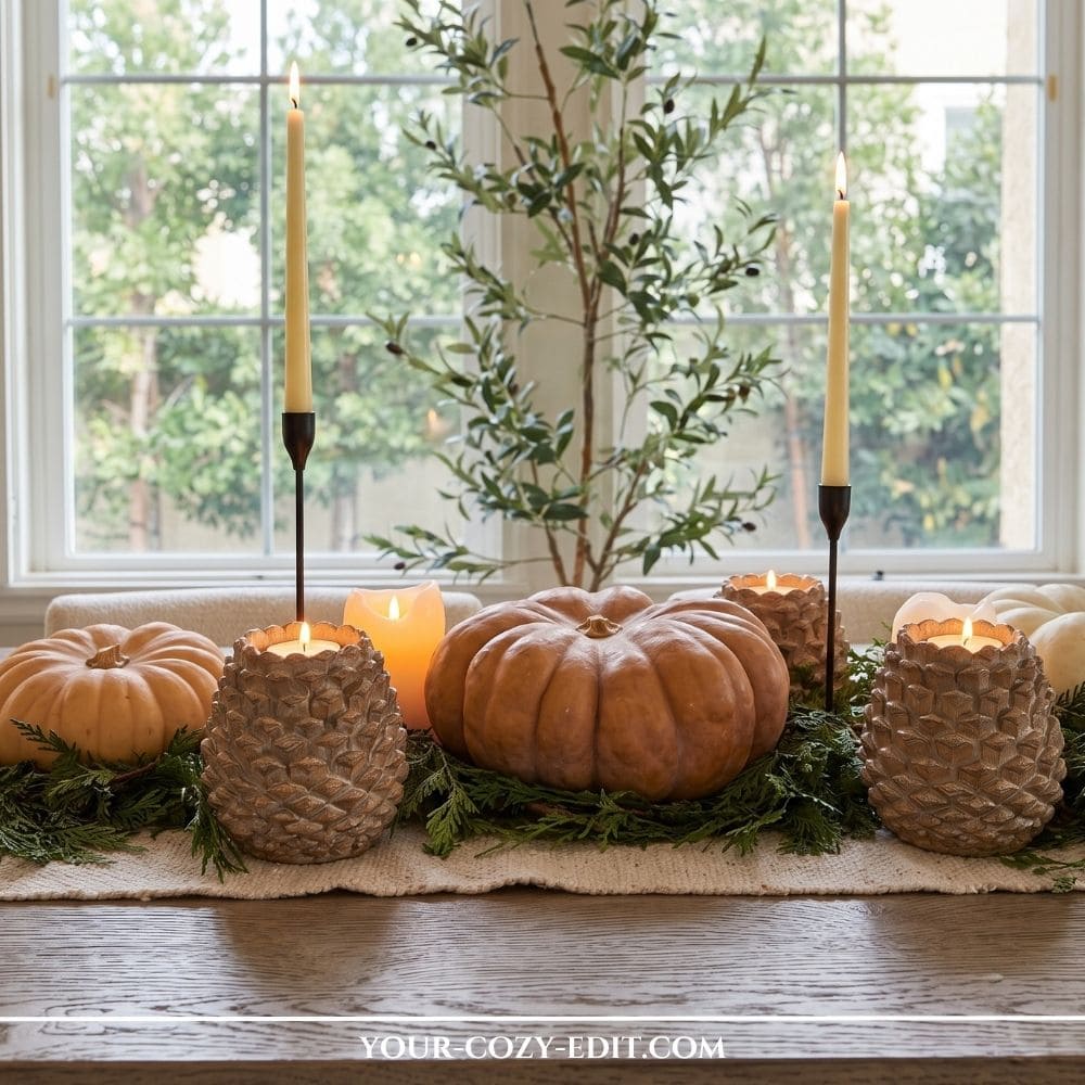 A Scandi-inspired fall tablescape centerpiece on a rustic wooden dining table in front of a bright window. A muted brown heirloom pumpkin and a lighter squash rest on fresh evergreen cedar branches and a cream woven table runner. Three lit pinecone-shaped candle holders and two tall, slender black taper candle holders with cream candles create a warm ambient glow, with an olive topiary plant in the background.