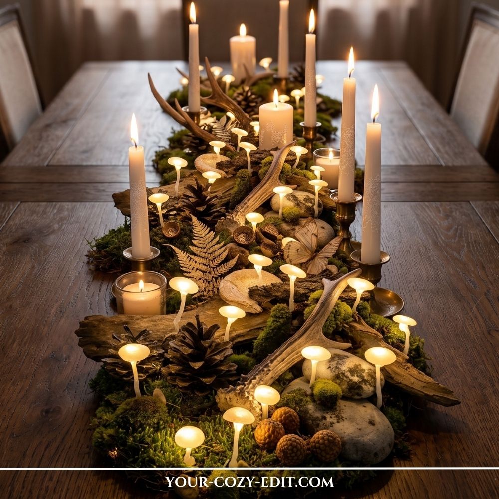 Enchanted woodland natural fall tablescape with a moss and bark runner, glowing DIY mushroom lights, pinecones, and pillar candles.