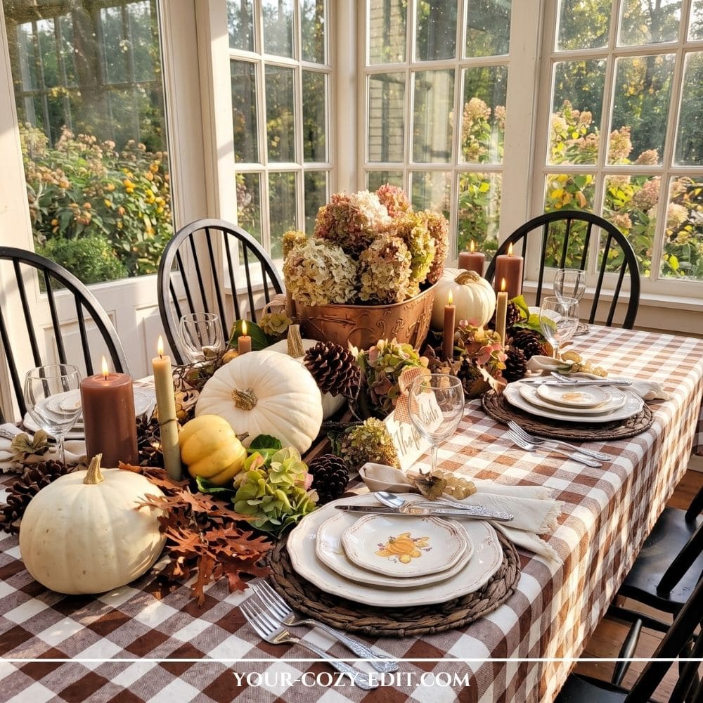 Cozy cottagecore natural fall tablescape styled with a brown gingham tablecloth, white pumpkins, dried hydrangeas in a brass bowl, pinecones, and pillar candles.