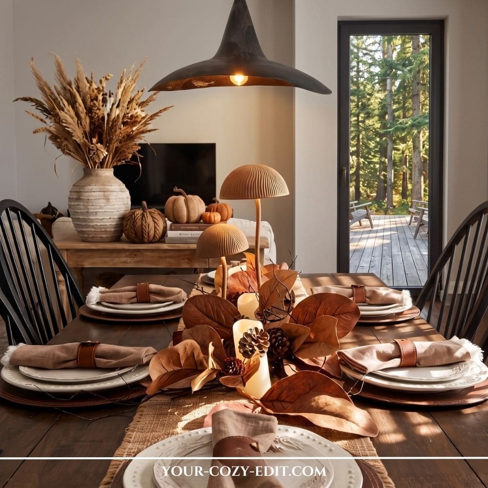 A warm, earthy fall dining tablescape featuring a burlap runner styled with large dried brown magnolia leaves, pinecones, and lit LED pillar candles. Two fluted wooden mushroom lamps illuminate the center of the wooden dining table. Each place setting includes cream plates on round leather chargers with rolled beige linen napkins and cognac leather napkin rings. A pendant light hangs above, with a sideboard holding dried grasses and knit pumpkins in the background.