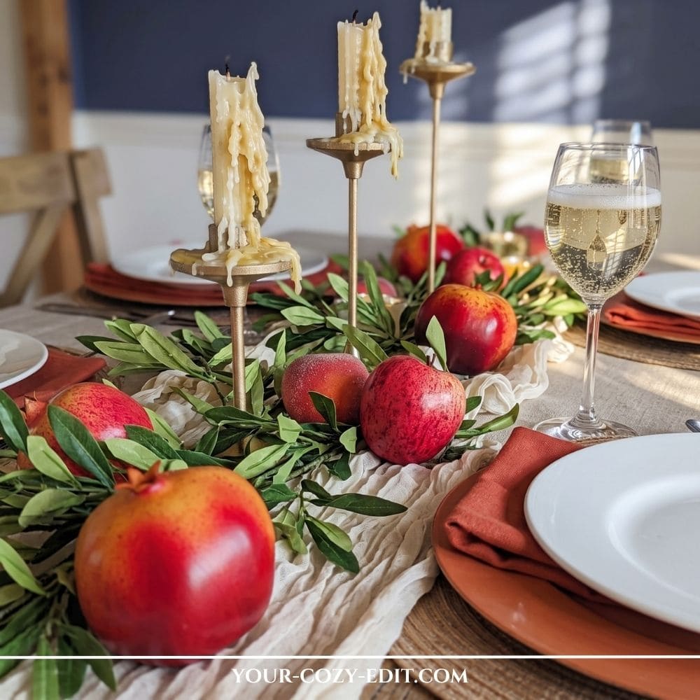 Fresh natural fall tablescape styled with red apples, pomegranates, olive greenery on a cheesecloth runner, and tall brass candlesticks with dripping wax.
