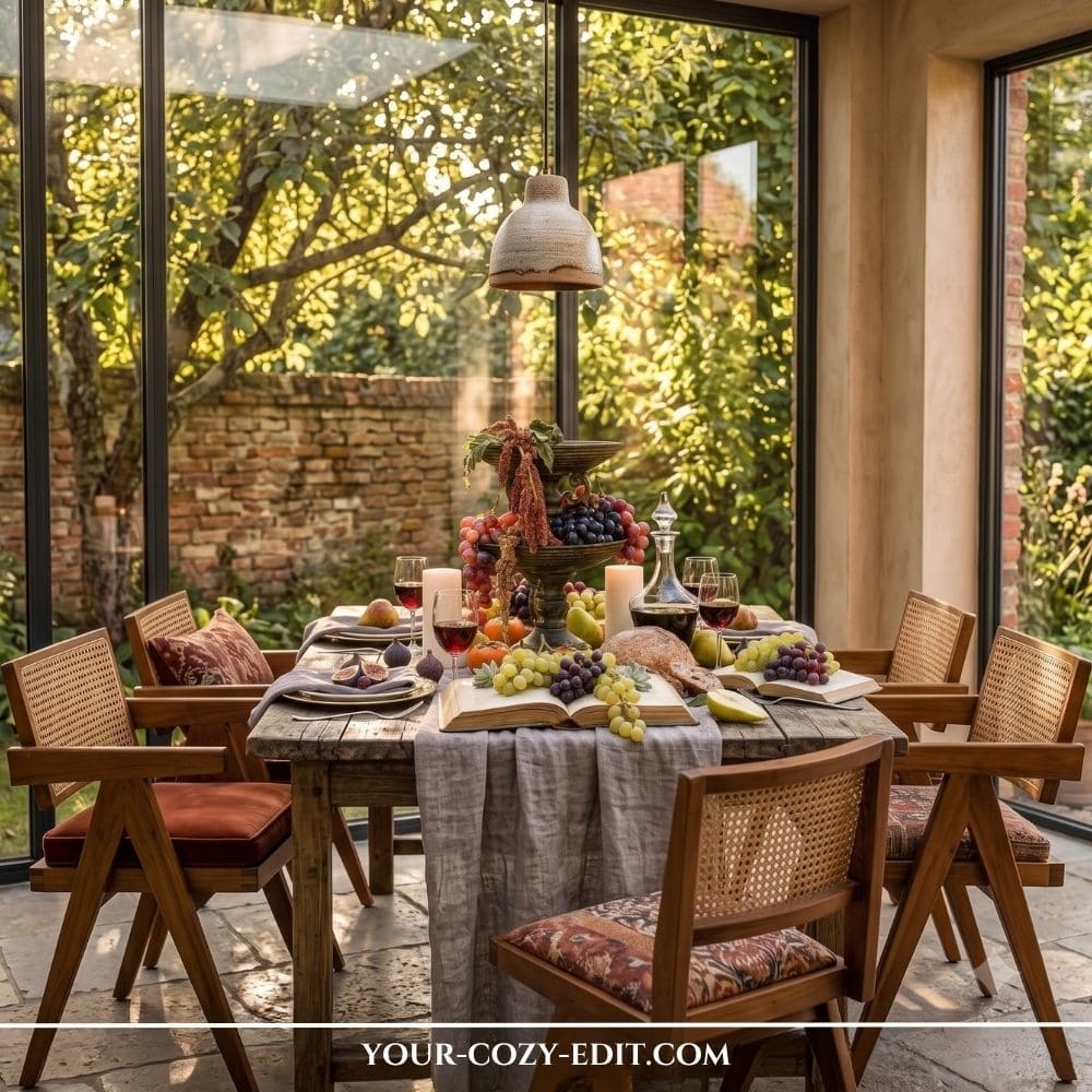 Moody Roman still life natural fall tablescape with a tiered fruit centerpiece, cascading grapes, open vintage books, and red wine glasses.