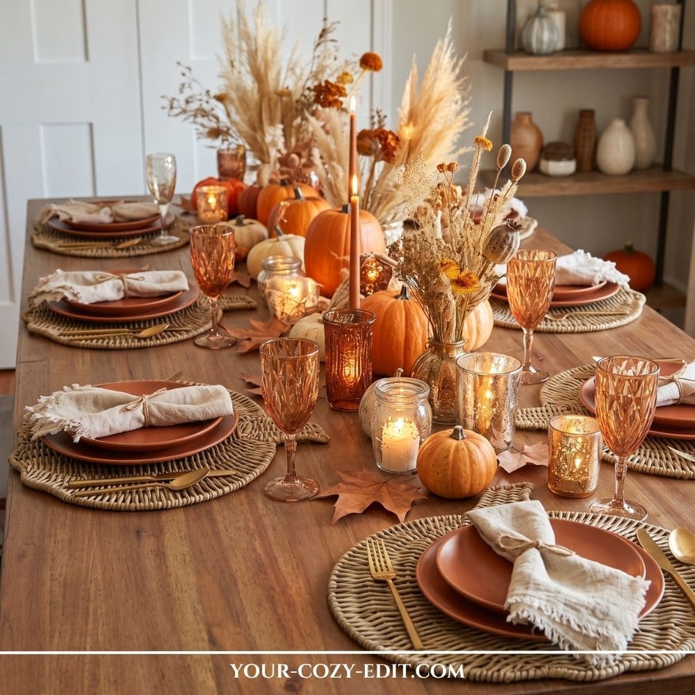 Earthy boho natural fall tablescape featuring terracotta plates, woven rattan placemats, orange pumpkins, pampas grass, and amber glassware.