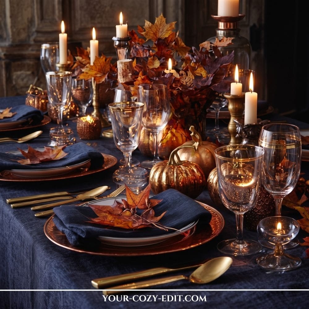 Moody natural fall tablescape styled with a midnight navy tablecloth, metallic copper pumpkins, brass candlesticks, copper charger plates, and glowing candles.