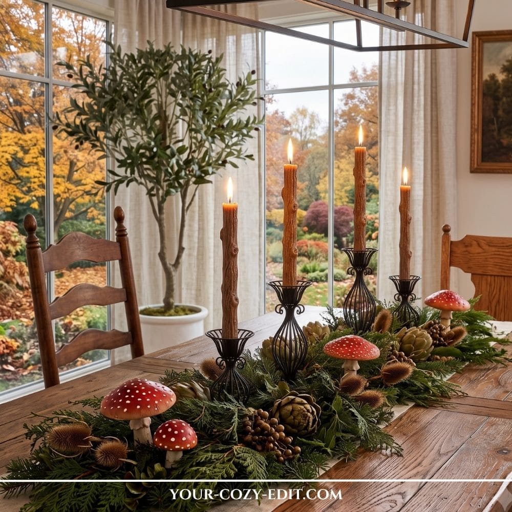 Enchanted woodland fall tablescape on a rustic wood dining table with large scenic windows in the background. A lush green cedar garland filled with dried thistles and artichokes serves as a table runner, adorned with decorative red-and-white spotted toadstool mushrooms. Four black wire pedestal candle holders hold lit brown tree-bark textured taper candles creating a warm, cozy autumn centerpiece.