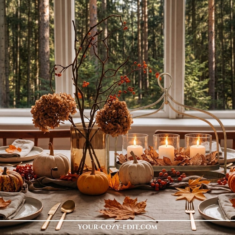 Cozy rustic natural fall tablescape with dried cinnamon hydrangeas in an amber vase, candle lantern, mini pumpkins, and scattered maple leaves.