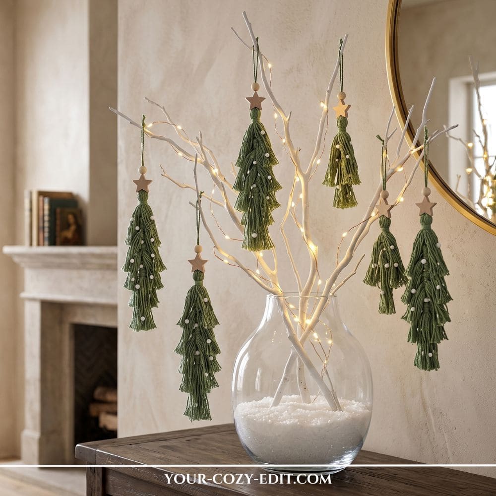 Handmade DIY natural Christmas decor featuring moss green macrame Christmas tree ornaments with wooden star toppers hanging from lighted white branches in a glass vase.