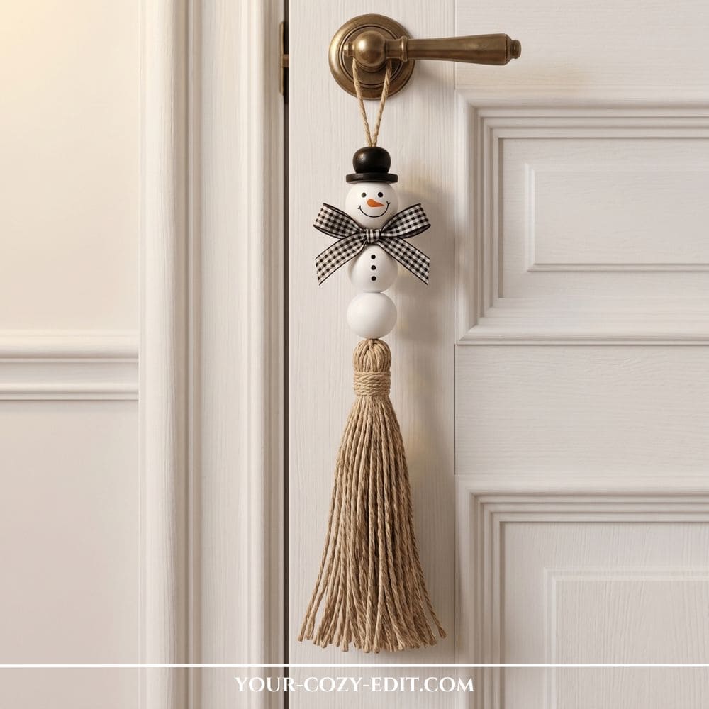 Handmade DIY natural Christmas decor featuring a wooden bead snowman tassel door hanger with a black hat and plaid bow hanging on a brass doorknob.