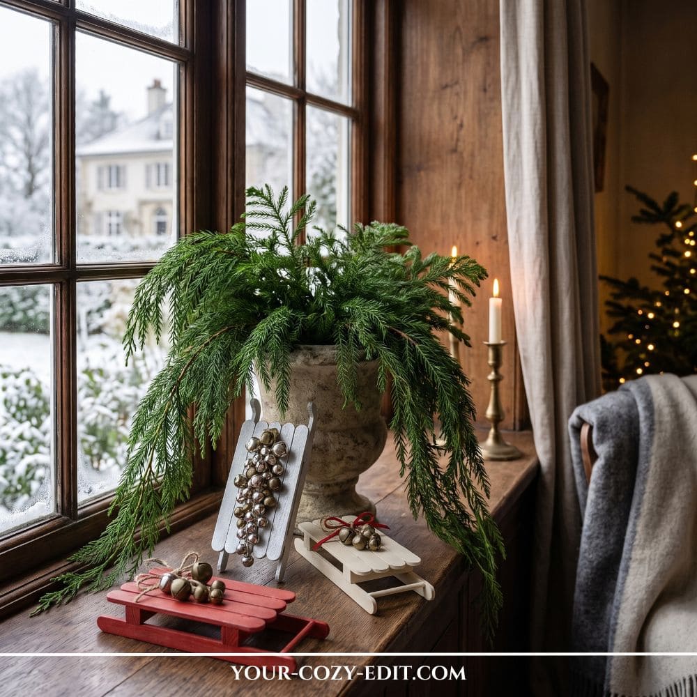 Handmade DIY natural Christmas decor featuring painted wooden popsicle stick sleds adorned with jingle bells on a cozy window sill next to pine greenery.