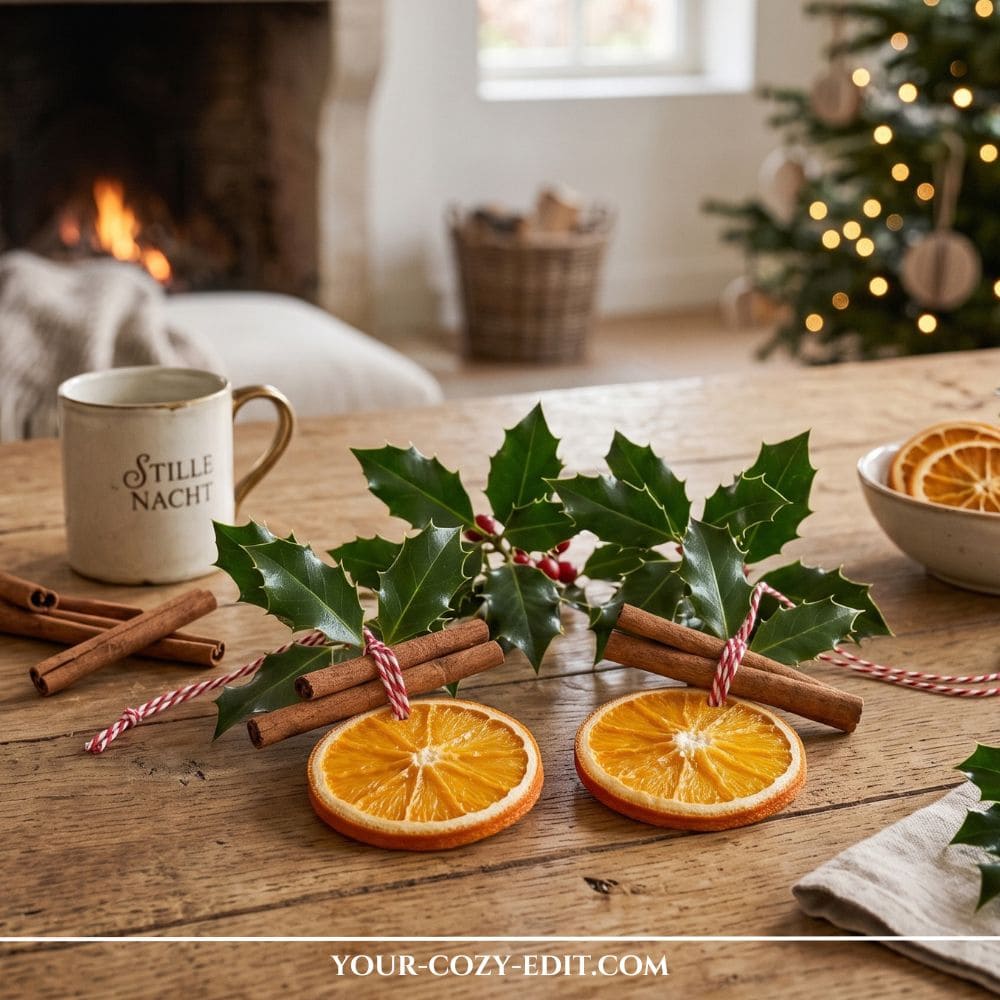 Handmade DIY natural Christmas decor featuring dried orange slice and cinnamon stick ornaments tied with baker's twine and fresh holly on a rustic wooden table.