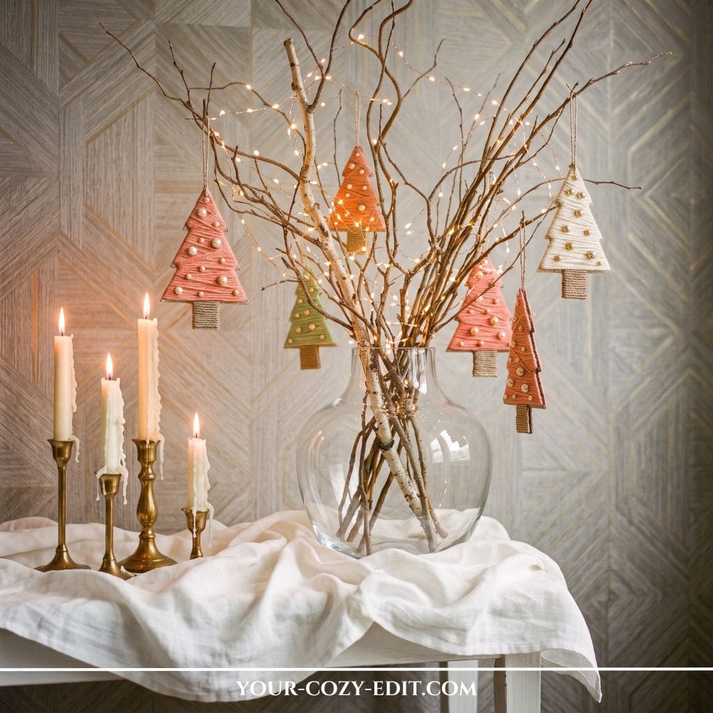 Handmade DIY natural Christmas decor featuring colorful yarn-wrapped cardboard Christmas tree ornaments with pearls hanging from lighted branches in a glass vase.