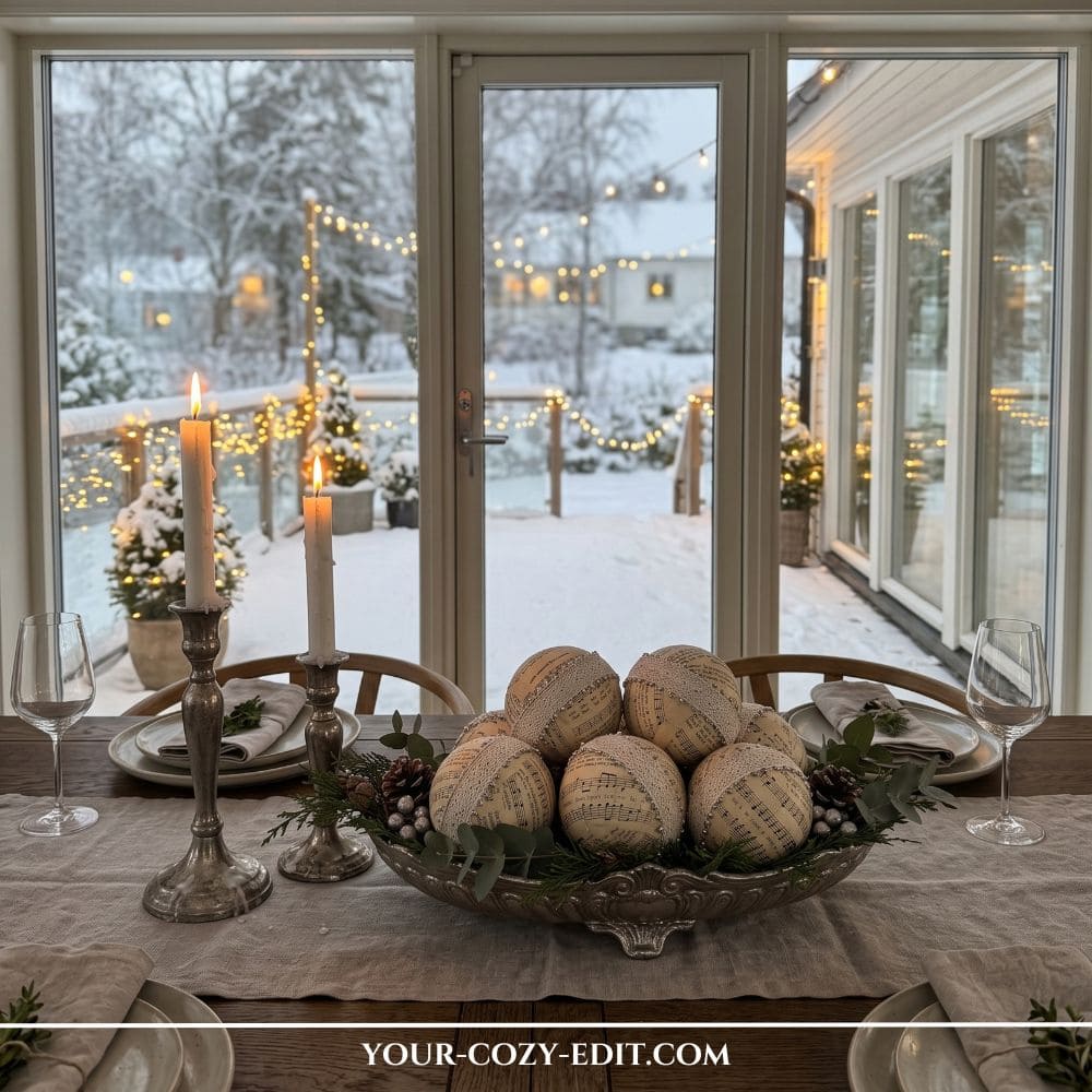 Handmade DIY natural Christmas decor featuring vintage sheet music and lace ornaments arranged in a silver bowl centerpiece on a dining table overlooking a snowy backyard
