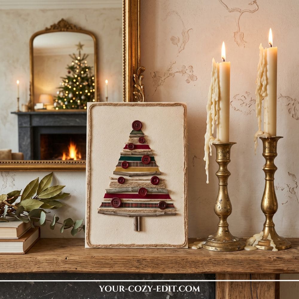Handmade DIY natural Christmas decor featuring a textured scrap ribbon and twig Christmas tree with buttons displayed on a mantel next to brass candlesticks.
