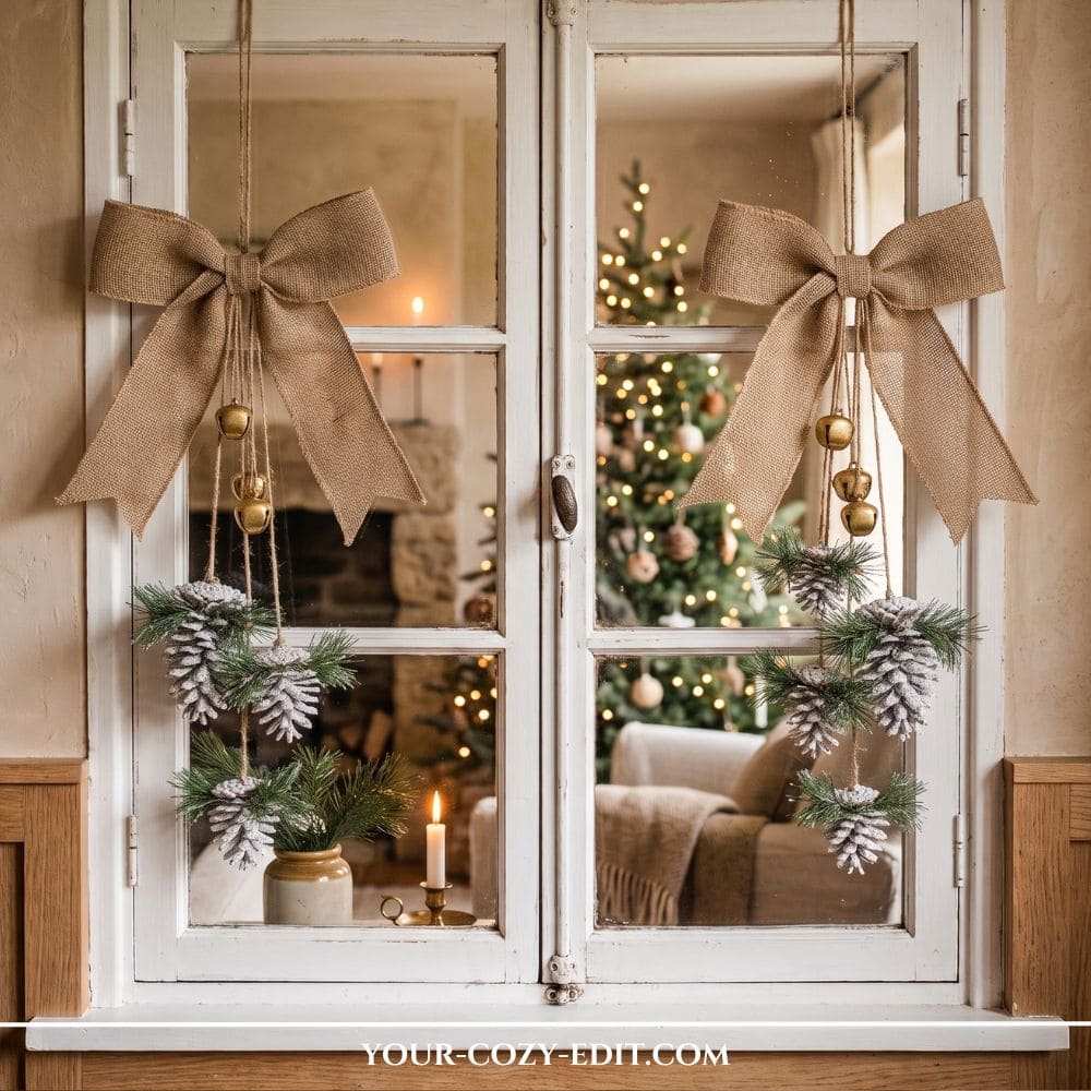 Handmade DIY natural Christmas decor featuring rustic burlap bow window swags with frosted pinecones and brass bells hanging on a white mullioned window.