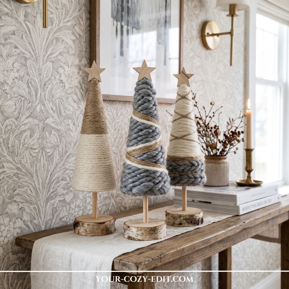 Handmade DIY natural Christmas decor featuring Scandinavian yarn and jute wrapped Christmas trees with wooden star toppers on birch wood slice stands.