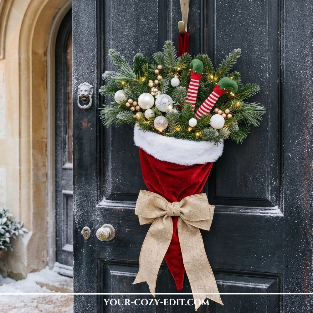 Handmade DIY natural Christmas decor featuring a velvet Santa hat door wreath filled with evergreen boughs, ornaments, fairy lights, and elf legs hanging on a dark front door.