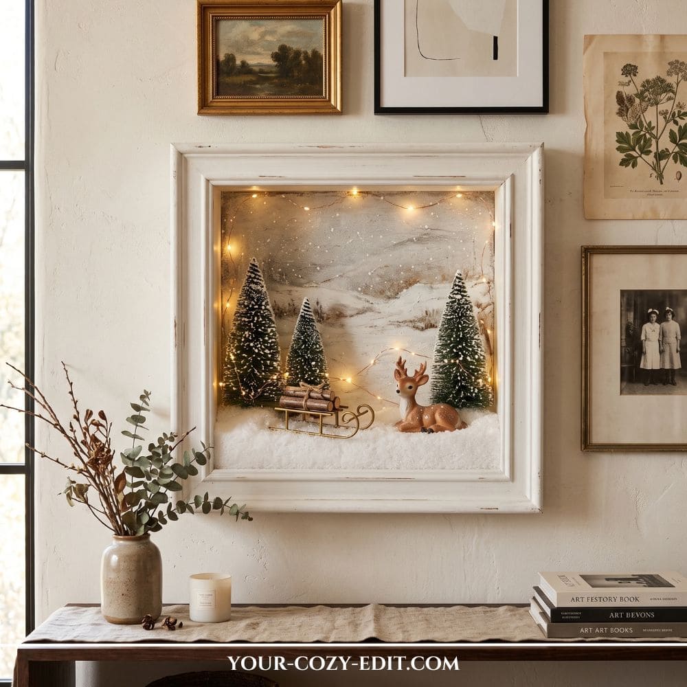 Handmade DIY natural Christmas decor featuring a distressed white shadow box with fairy lights, bottle brush trees, a miniature deer, and a wooden sled on a gallery wall.